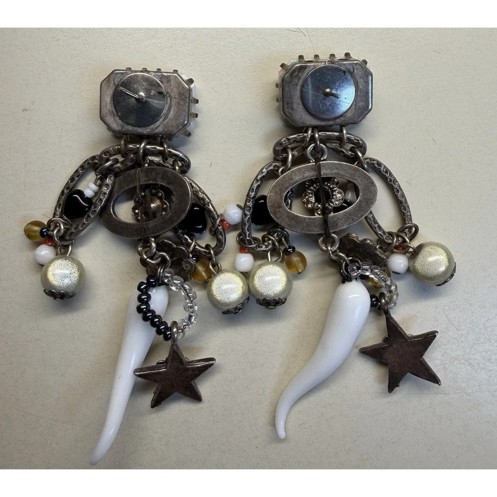 Unmarked Designer Artisan Glass Horn‎ Drop Earrings Evil Eye Star Charm Boho 3
